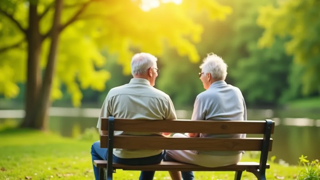 Seniori sēž uz soliņa pie Daugavas upes krasta, pavasara saule, zaļas koki fona